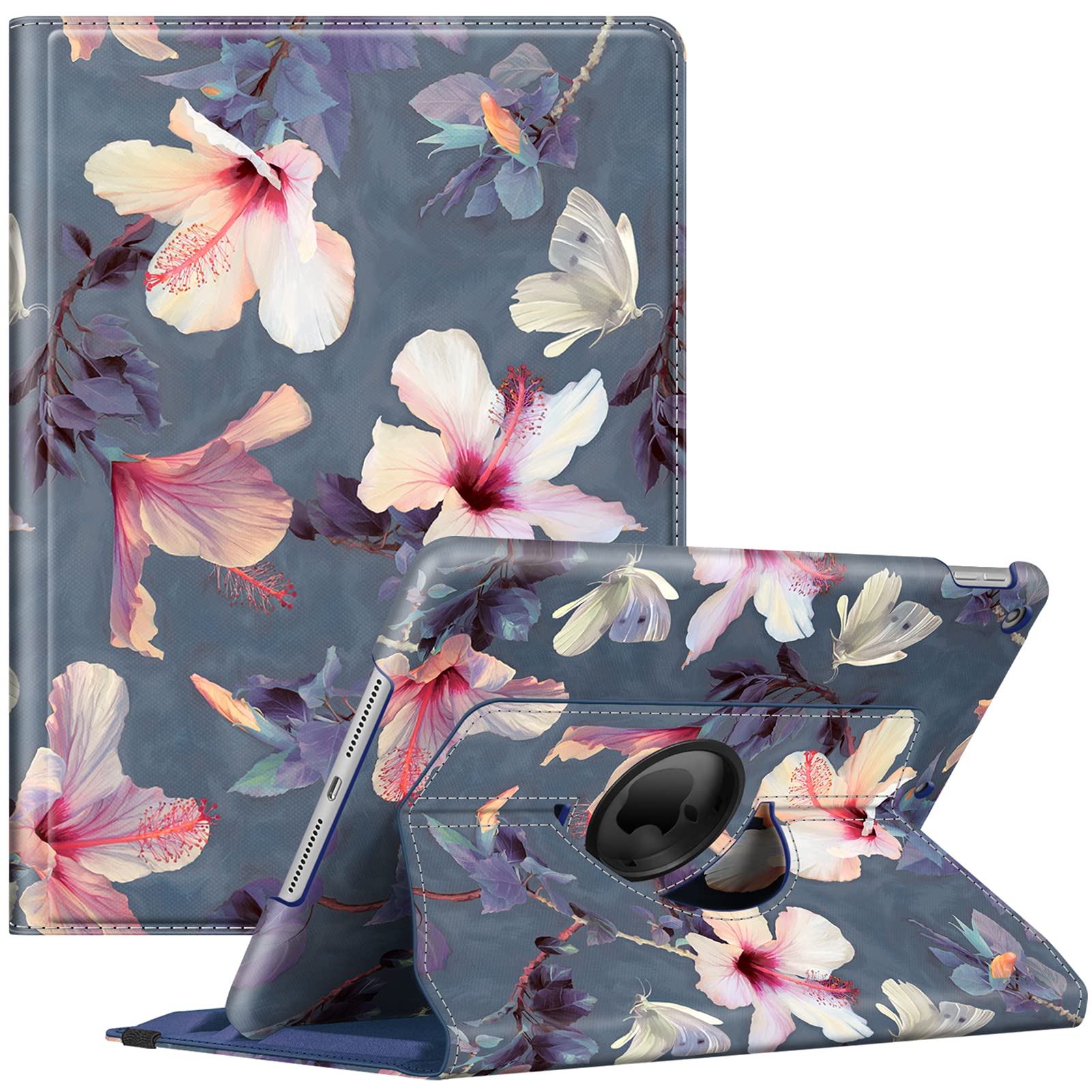 FINTIE Rotating Case for iPad 9th Gen 2021/ iPad 8th Gen 2020/ iPad 7th Gen 2019, 10.2-inch 360 Degree Rotate Smart Protective Stand Cover w/Pencil Holder, Support Auto Sleep/Wake, Blooming Hibiscus