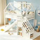 GIANTEX House Bunk Bed Twin Over Twin with Slide &amp; Stairs, Wood Bunk Bed with Storage Shelves, No Box Spring Needed, Twin Floor Bed for Kids Teens Boys Girls (White)