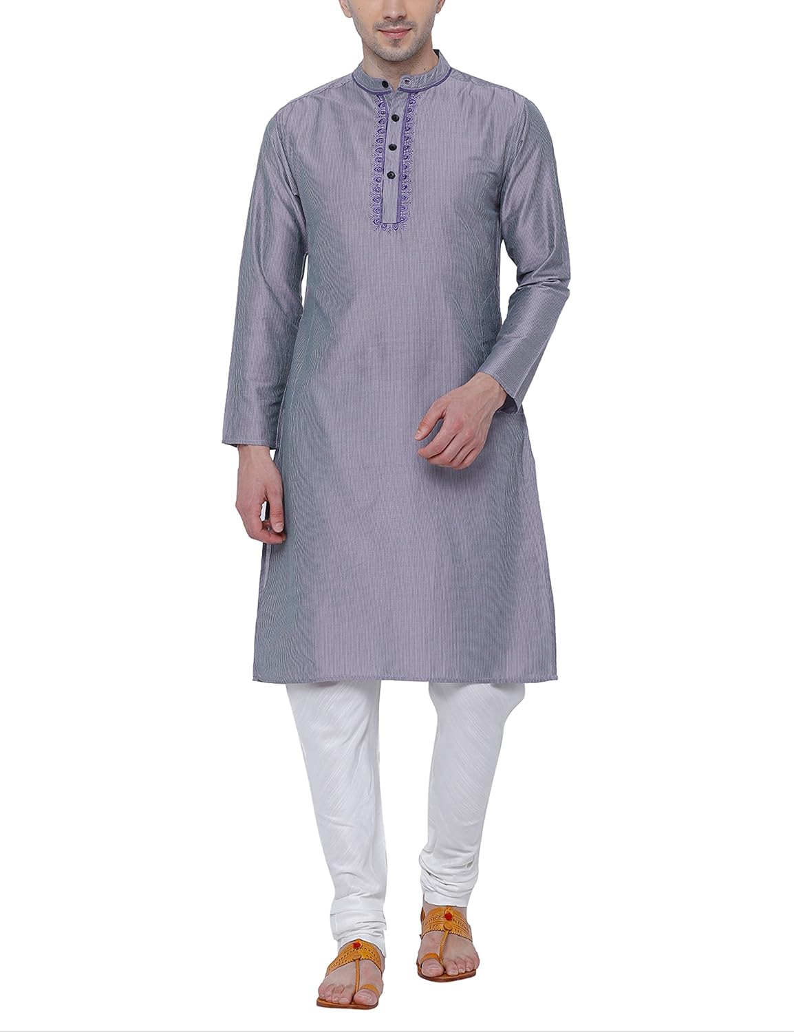 svanik grey blended stripe embroidered long kurta