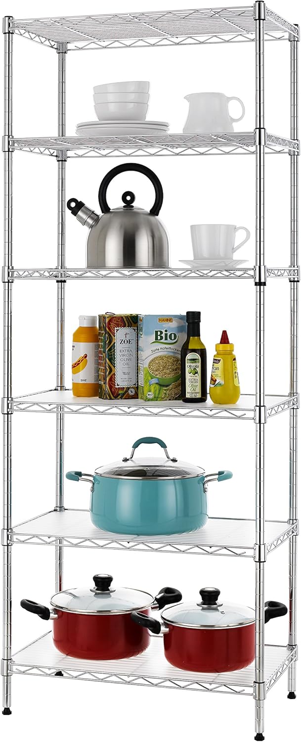 Finnhomy 6-Tier Wire Shelving Unit Adjustable Steel Wire Rack Shelving 6 Shelves Steel Storage Rack or Two 3 Tier Shelving Units with PE mat and Stable Leveling Feet, Chrome: Kitchen & Dining