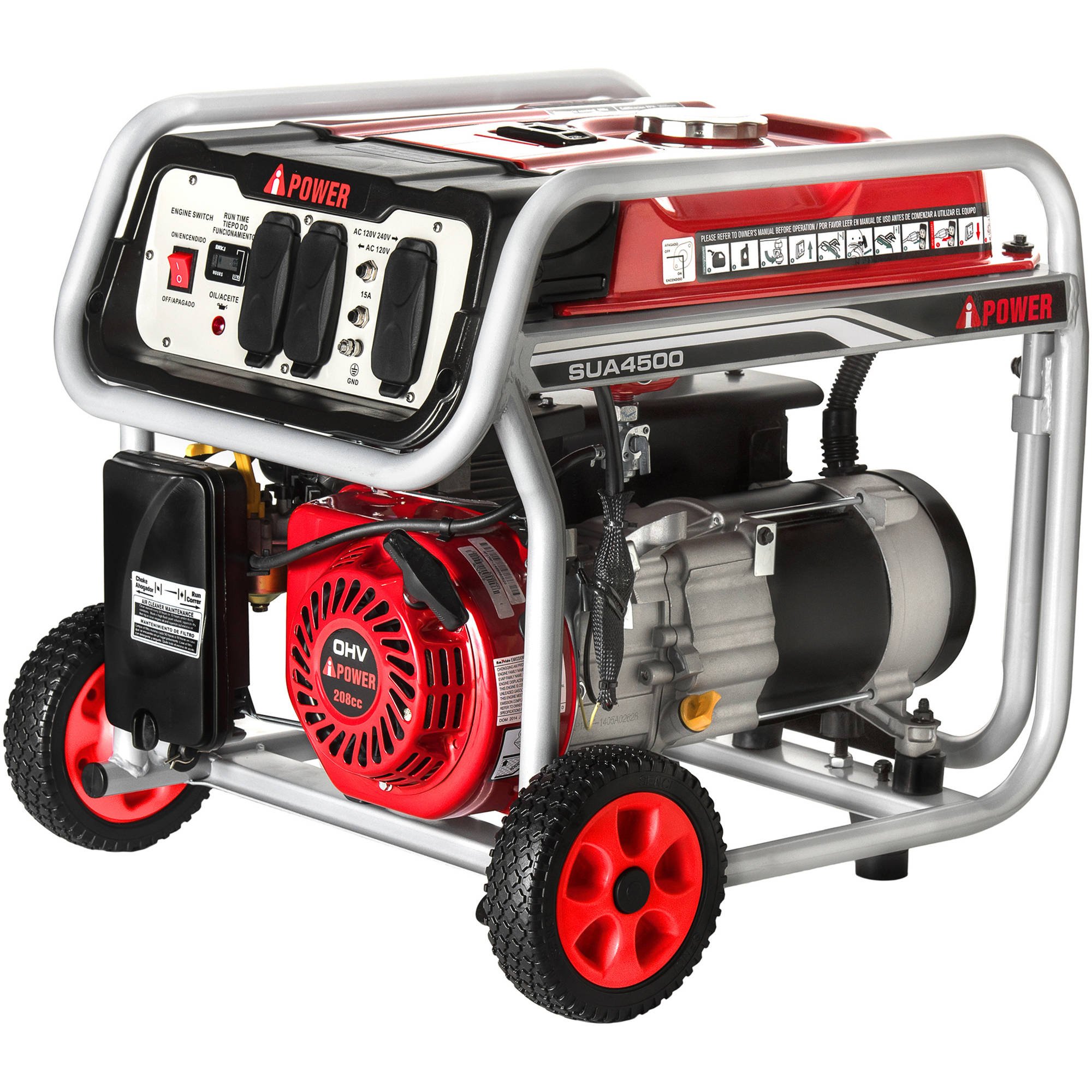 A-iPower SUA4500 4500 Watt Portable Generator Gas Powered Wheel Kit Included, Rated Watt/3500 Running, EPA/CARB complied. 4,500 STARTING WATTS/3,500 RUNNING WATTS 60Hz, 120VAC/240VAC, Single PhaseA-iPOWER 208cc/7hp OHV AIR-COOLED, 4-STROKE ENGINE WITH MANUAL START. Generator is wrapped in the box and appears to be in great condition with minor wear from limited use.