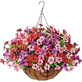 Artificial Faux Hanging Plants Flowers Basket for Outdoor Spring Summer Decoration,Fake Silk Daisy in Planter Realistic UV Resistant for Outside Home Porch Patio Balcony Yard(Purple Red Pink)