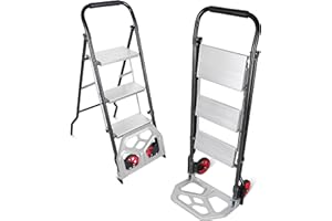HOTROSE 2-in-1 Collapsible Dolly, Aluminum Hand Truck Ladder for Adults with Wide Anti-Slip Pedal and 6’’ Rubber Wheels, 400lbs Capacity Sturdy Steel Ladder No-Slip Folding Step Stool