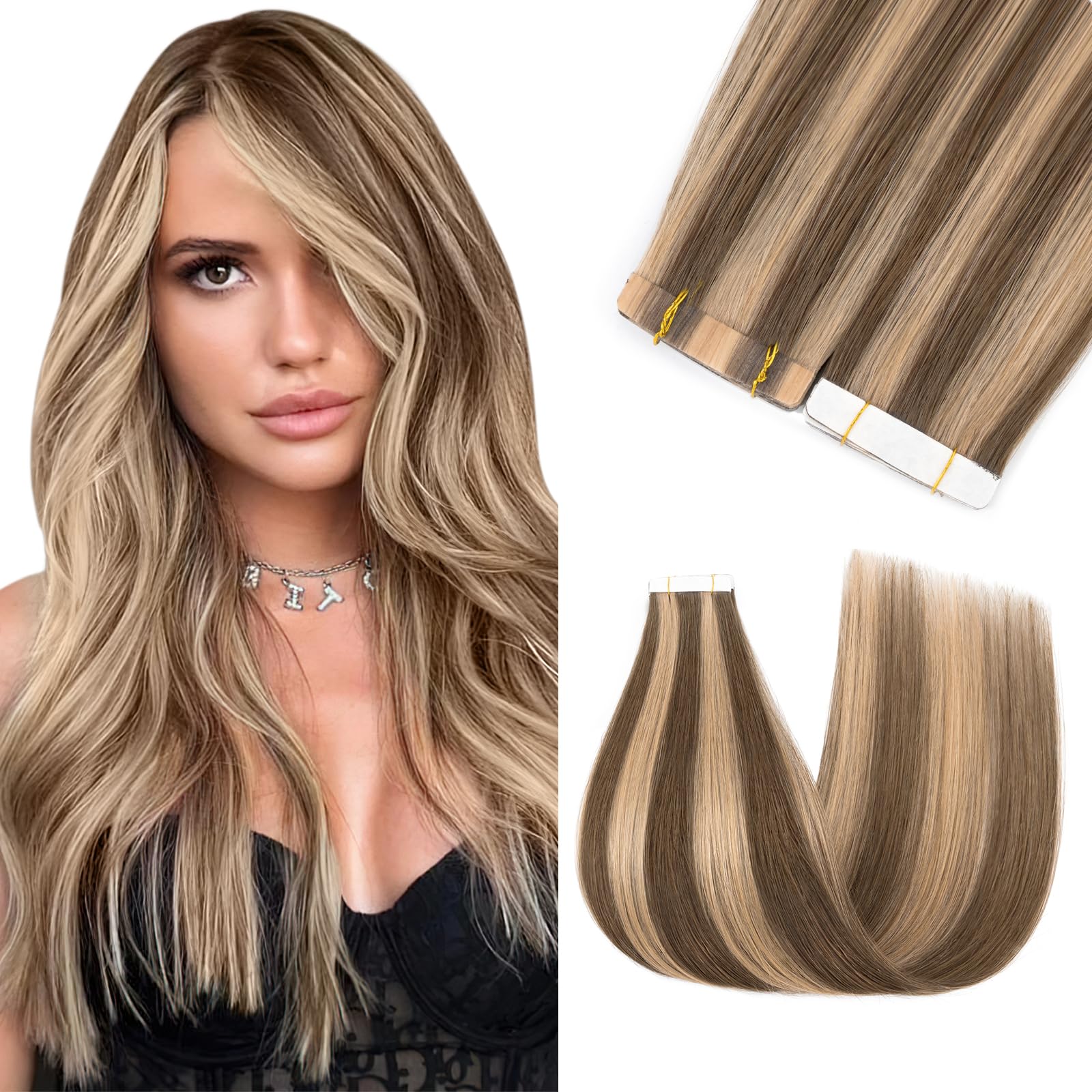 18" Tape in Hair Extensions Real Human Hair #4P27 Medium Brown&Dark Blonde Remy Extension Hair Pieces Silky Straight 20 Pcs Skin Weft