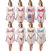 Jeyiour 8 Pcs Women's Bikini Cover up Dress Short Sleeve Bikini Shirt Print Funny Nightgown Baggy Swimwear Cover up