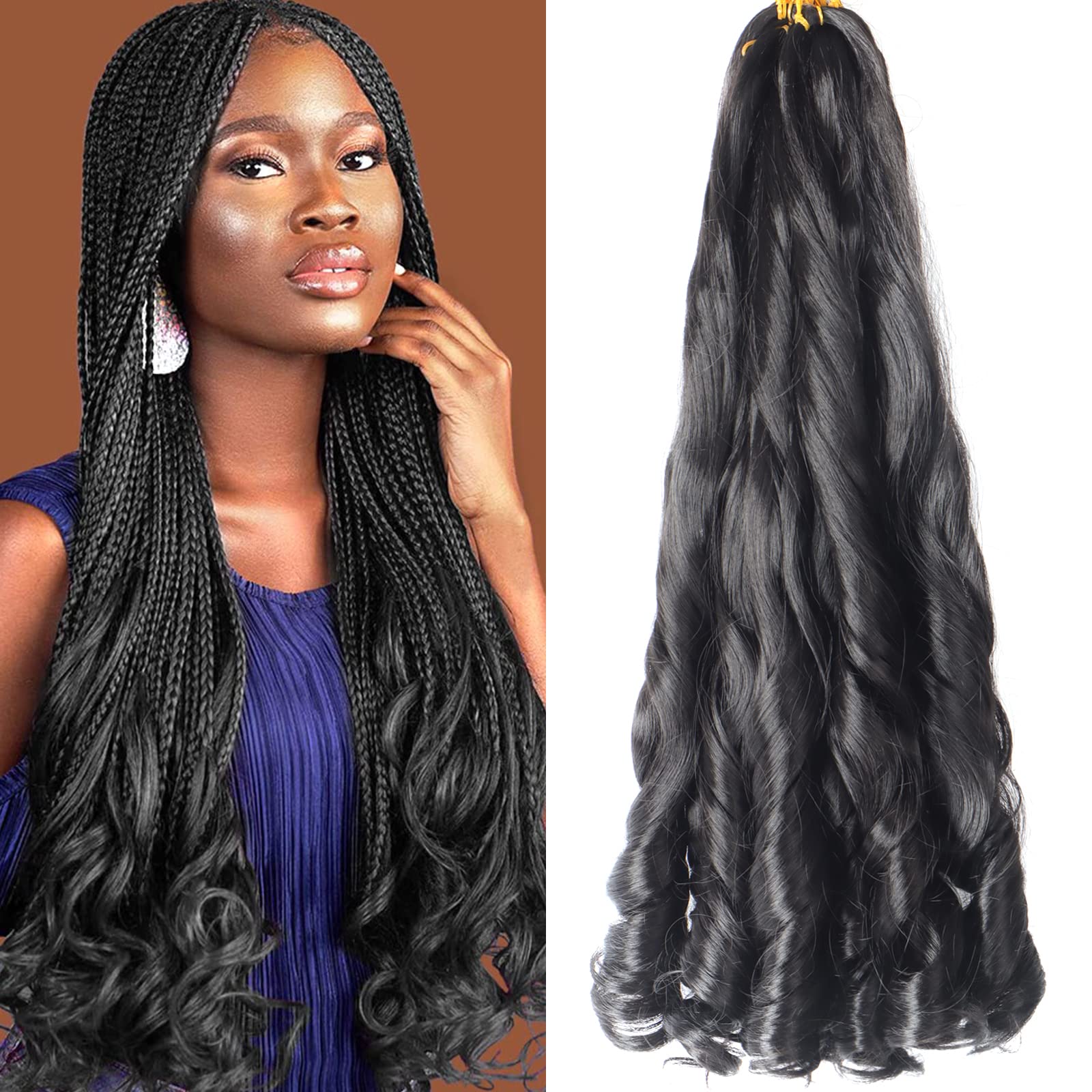 Ainimiu 8 Packs French Curly Hair 22 Inch Loose Wave Spiral Crochet Hair Black Pre Stretched Braiding (22 inch, 1B) — image 1