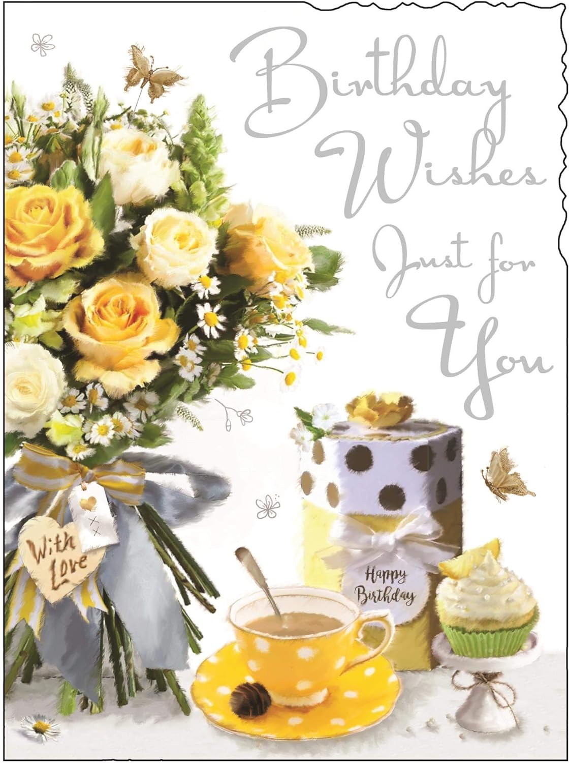 Birthday/Greeting Card (JJ2105) Birthday Wishes - Tea Party - Silver Embossed