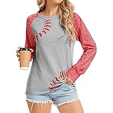 Sunidol Womens Baseball Shirt Long Sleeve Raglan Sleeve Crewneck Sports Loose Baseball Printed Patchwork Top