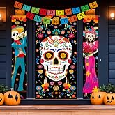 5PCS Dia De Los Muertos Decorations Set: Day of the Dead Hanging Porch Signs, Banners, Mexican Skull Door Covers Halloween Ofrenda Altar Indoor Outdoor Decor Party Supplies
