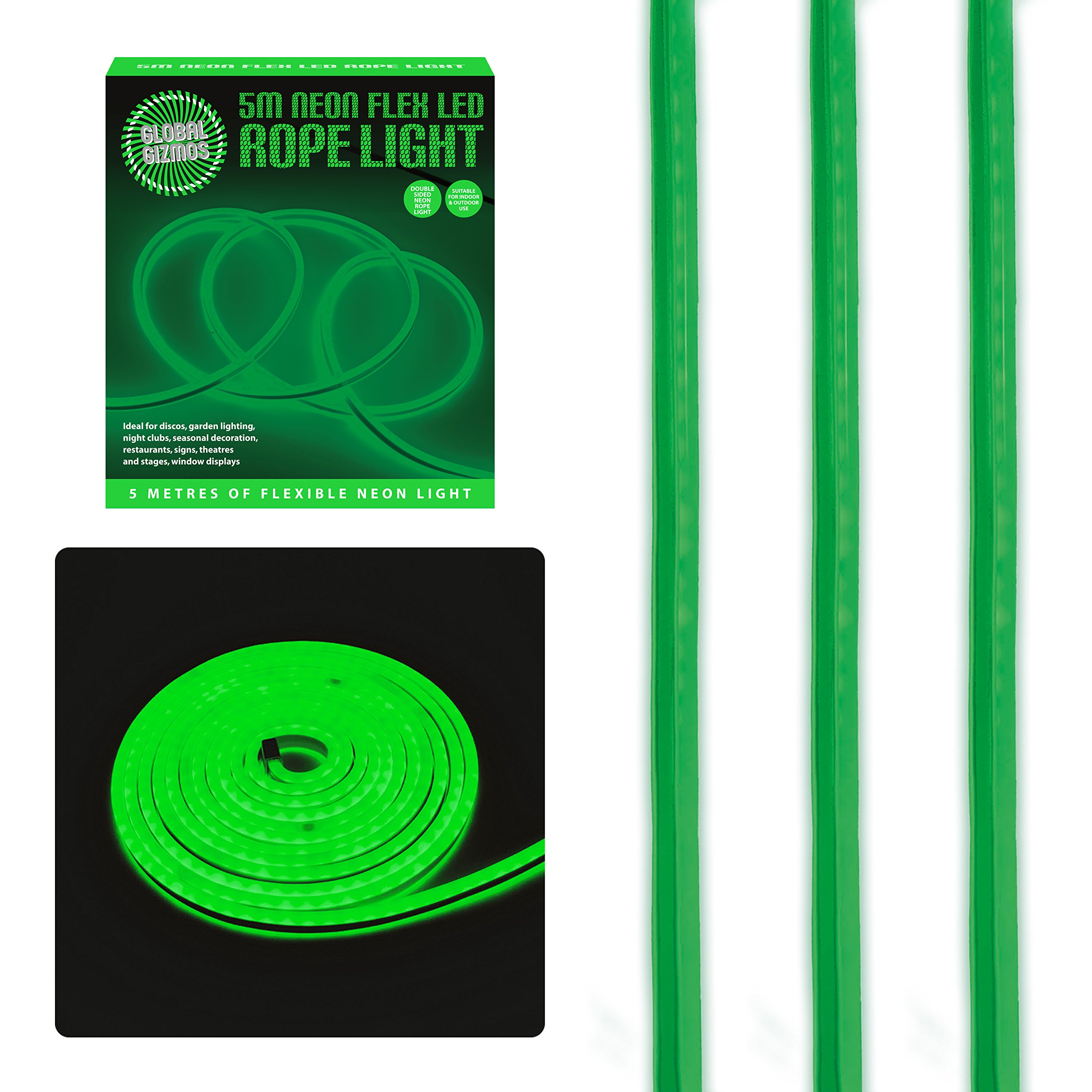 Global Gizmos 47520 5 Metre LED Strip Lights/Flexible Rope Lights/Neon Style Glow/Great for Bedrooms & TV Backlight/Indoors or Outdoors/Green Colour