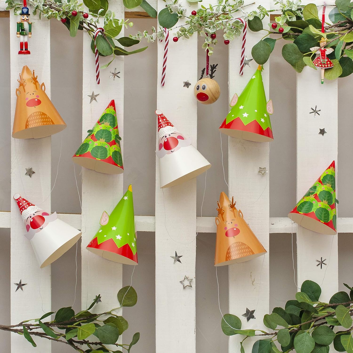 On The Wall Christmas Party Hats – Santa, Rudolph, Elf with Ears and Brussel Sprout (8 Pack) - Image 4