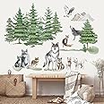 wondever Forest Tree Animal Wolf Wall Stickers Mountain Pine Trees Peel and Stick Wall Art Decals for Living Room Bedroom TV 