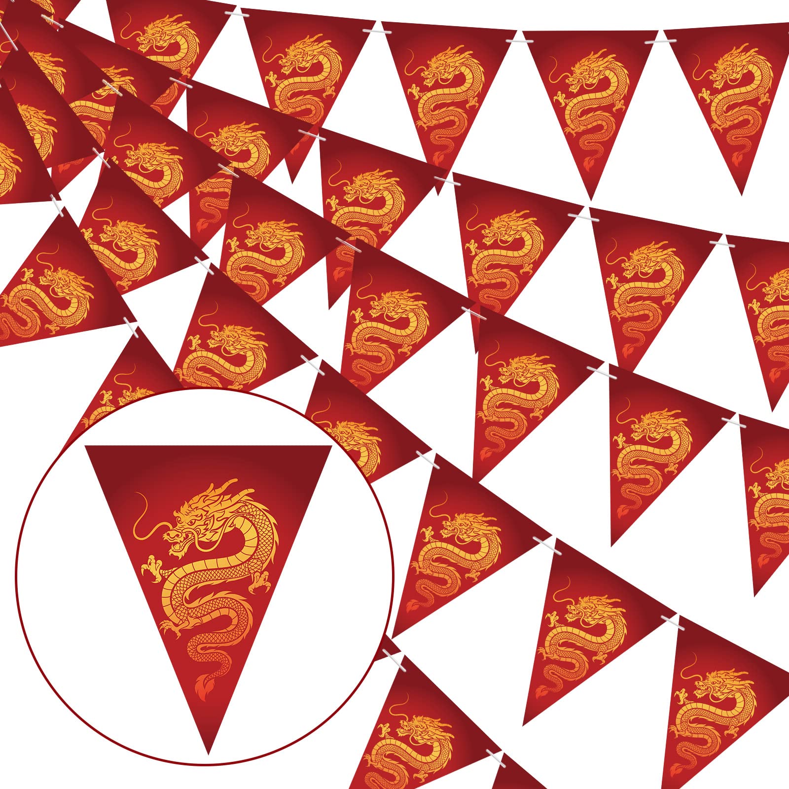 Sepamoon 60 Pcs Chinese New Year Decorations 2026, Chinese Dragon Bunting Banner, Red New Year Pennant Spring Festive Triangle Bunting Banner for Indoor Outdoor Home Decoration