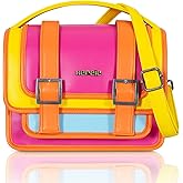 HEREJE Women’s Colorful Crossbody Bag – Retro Pop Multicolor Vegan Leather Purse – Small Shoulder & Top Handle Handbag with Adjustable Strap – Yellow Pink Orange Light Blue