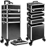 Buanson 5 in 1 Rolling Makeup Train Case Professional Cosmetic Trolley Large Storage Organizer on Wheels for Hairstylist Artist Nail Beauty Salon Barber Black