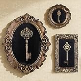 Kathfly 3 Pack Vintage Antique Key Wall Sculpture Gothic Framed Wall Art Hallway Gallery Victorian Decor Bronze Oval Rectangle Round Picture Frame Statue Skeleton Key Home Ornament Gift