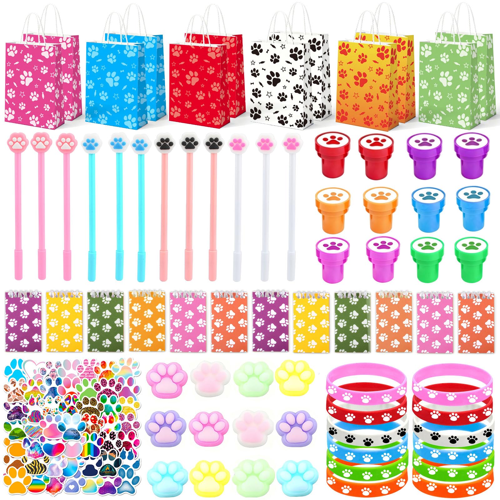 Photo 1 of 122 Pcs Paw Print Party Favors, Blue Puppy Theme Birthday Decorations for Girl with Orange Blue Dog Paw Goodie Bags Stuffers Stickers Mochi Squishy Toys Pen Mini Notebook, Easter Gifts for Kids