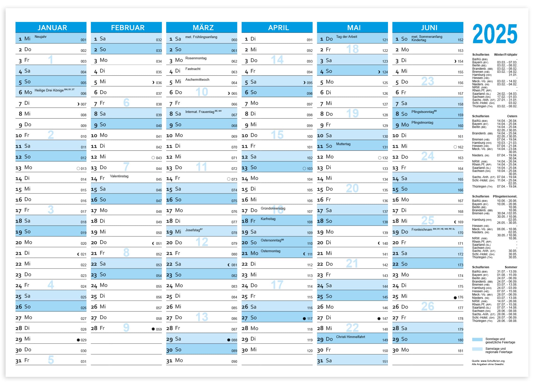RNKVERLAG 2912/25 Blackboard Calendar 2025 in DIN A4 Format Landscape, 25 Calendars with Holiday Dates and Weekly Counter Made of 250 g/m² Cardboard