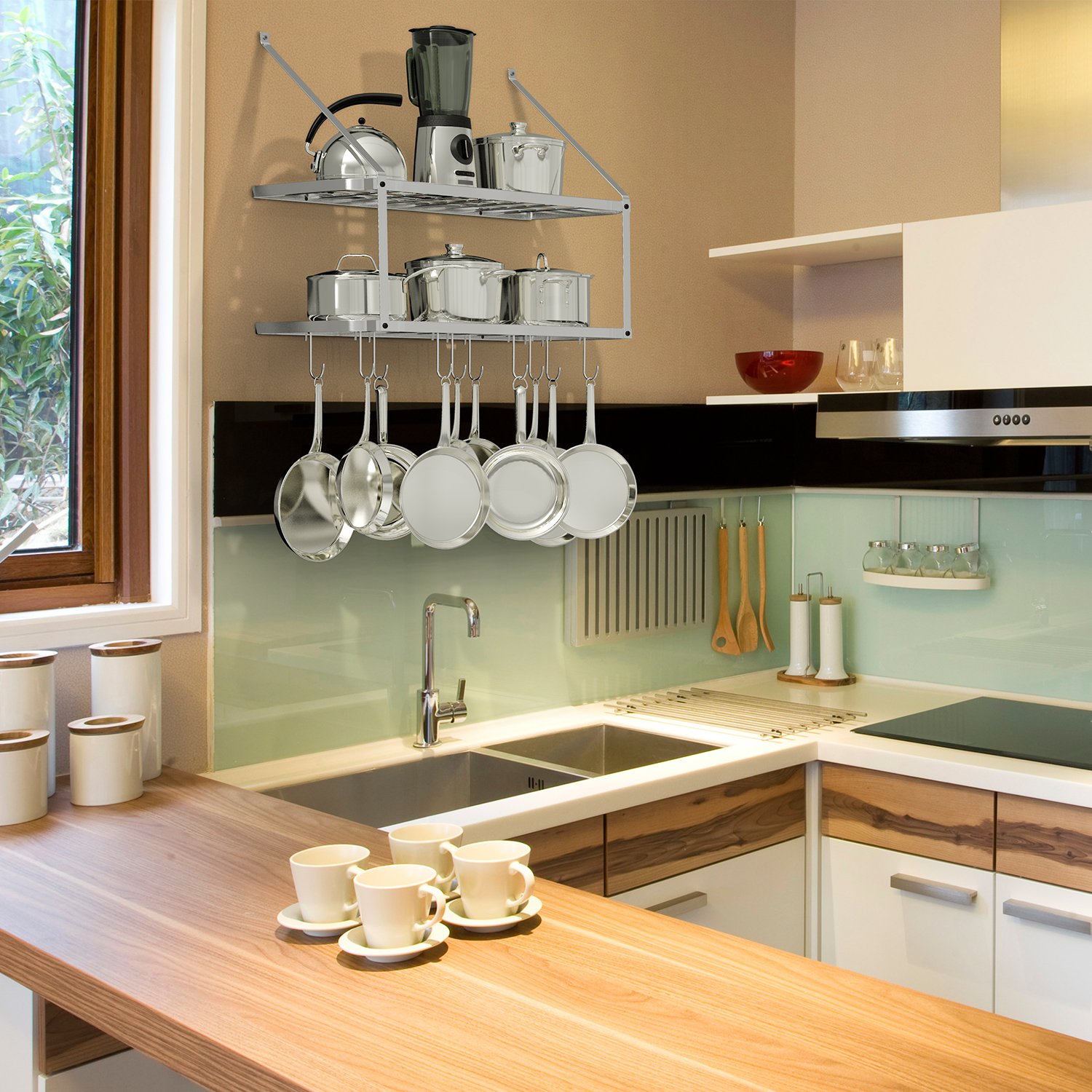 VDOMUS Shelf Pot Rack Wall Mounted Pan Hanging Racks 2 Tire Silver