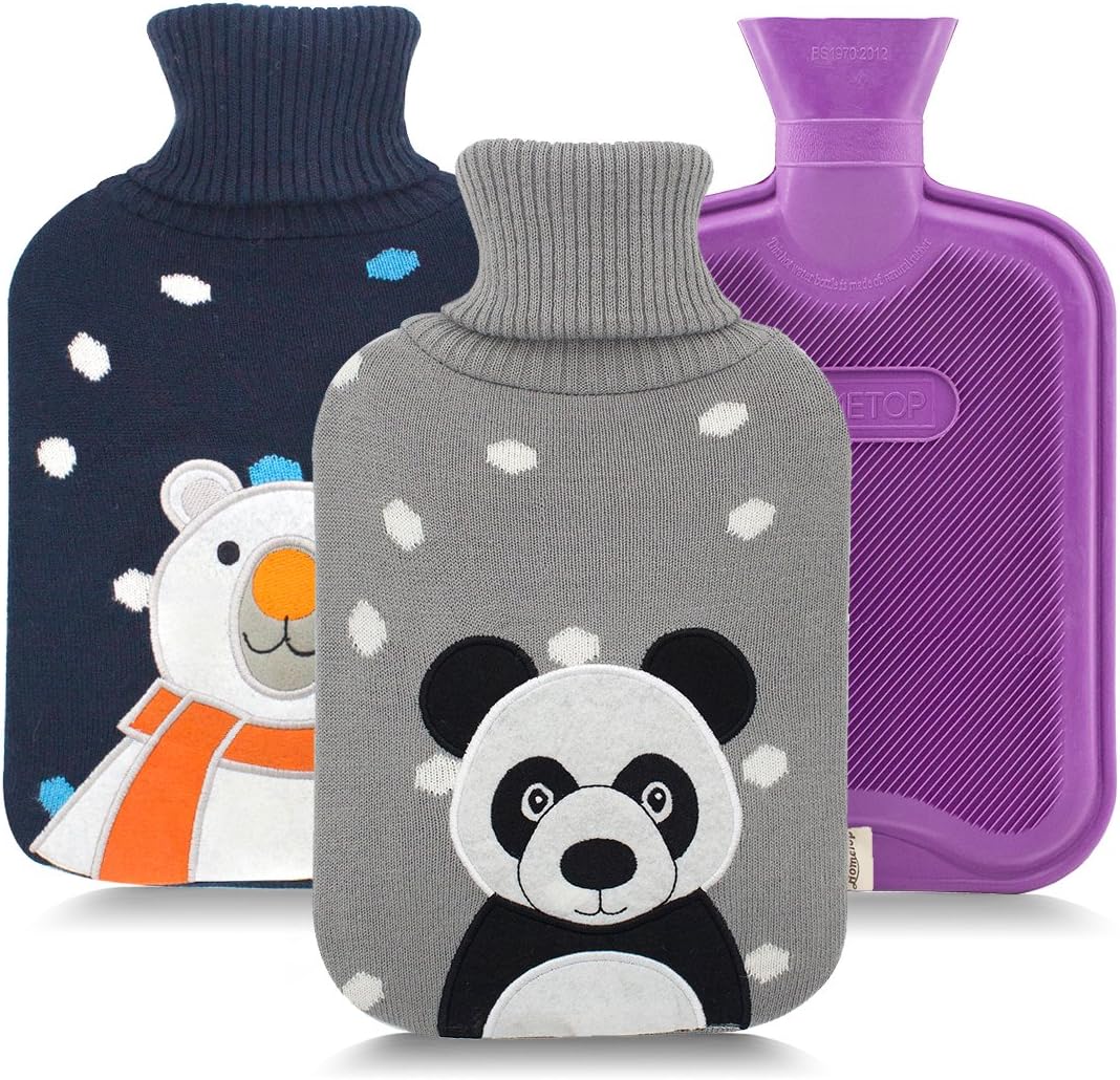 HomeTop Premium 2L Classic Rubber Hot Water Bottle and Cute Animal Embroidery Knit Cover (White Bear + Panda)