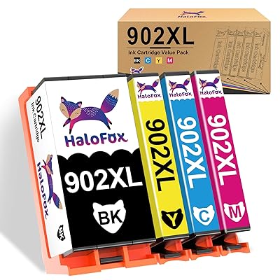 HaloFox Compatible Ink Cartridge Replacement for HP 902XL 902 XL to use with OfficeJet Pro 6968 6978 6958 6962 6954 6960 6970 6979 6950 6975 Printer (Black Yellow Cyan Magenta, 4 Pack)