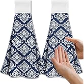 CUTHOLLOW Blue Retro Damask Hanging Kitchen Towels with Loop, Set of 2 - Soft & Super Absorbent Microfiber Decorative Hanging Dish & Hand Towel, Tea, Coffee Towel for Kitchen Bathroom Oven Handle