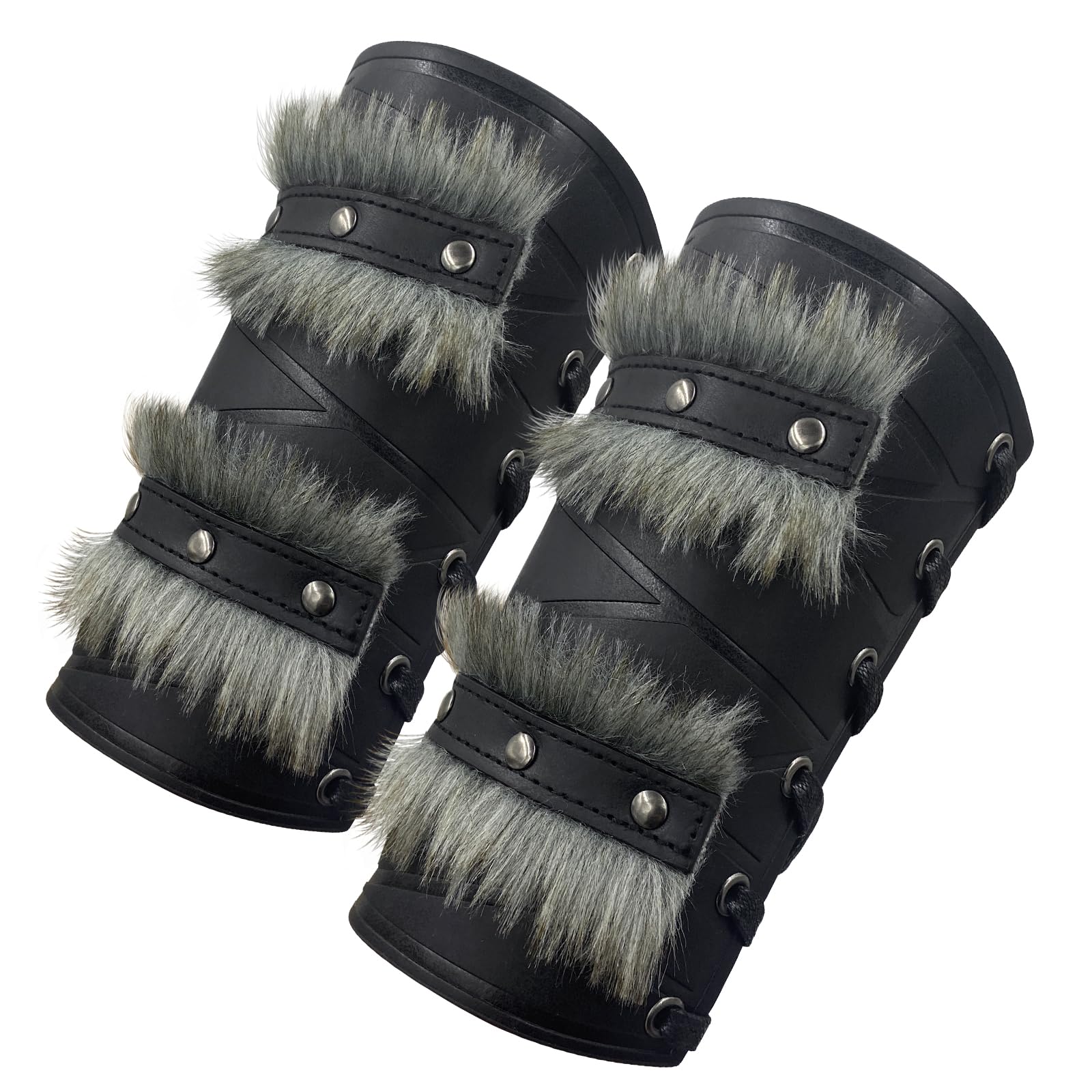 HiiFeuer Nordic Viking Barbarian Arm Guards, Medieval Artificial Fur Gauntlets, Vintage Faux Leather Bracers for LARP (Black A)