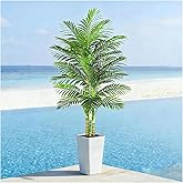 TXABL Artificial Golden Cane Palm Tree 7FT, Fake Palm Tree with Three Realistic Trunks and Lifelike Palm Leaves, Faux Palm Plant for Indoor Home Décor with White Planter