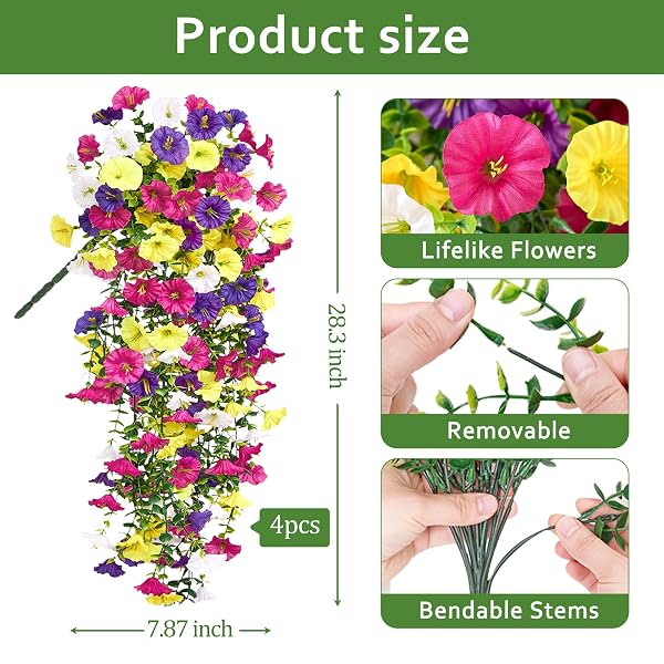 SERWALIN ARTIFICIAL HANGING FLOWERS FOR OUTDOORS UV RESISTANT, 4PCS FAUX MORNING GLORY FAKE OUTDOOR FLOWERS REALISTIC SILK FLOWER PLANTS FOR OUTSIDE PLANTER FRONT DOOR PORCH PATIO YARD DECOR