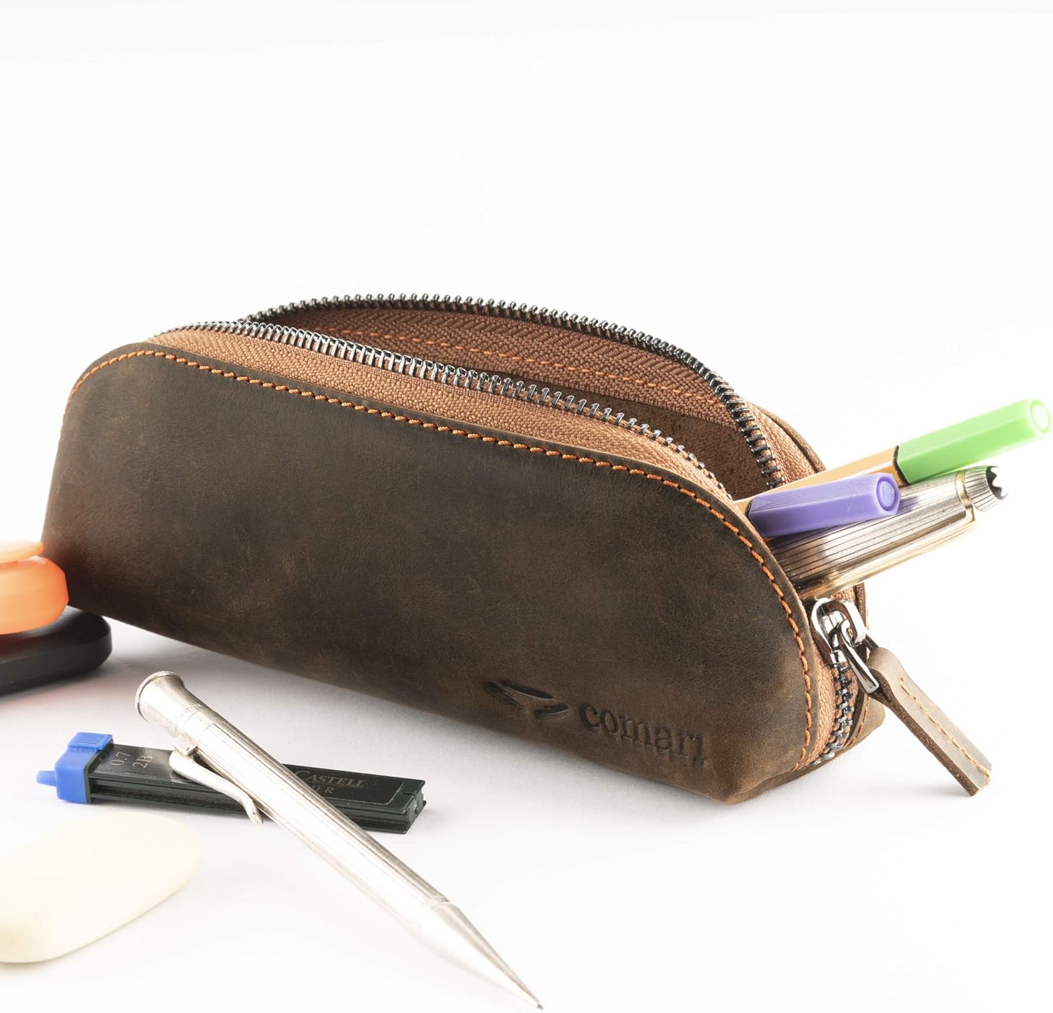 comari Premium Etui - Real Leather Pencil Case - Long Metal Zip - Free Keychain - Handmade Pen Pouch Genuine Leather (Vintage Brown) - Image 4