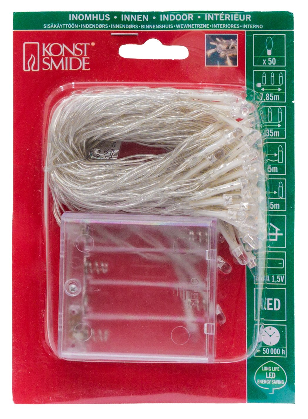 Konstsmide Christmas Lights/Indoor Use (IP20) Battery Fairy Lights/Battery Operated: 4Xaa 1.5V (Excl.)/6 Hour Optional Timer/50 Red Diodes/Transparent Cable Battery Lights