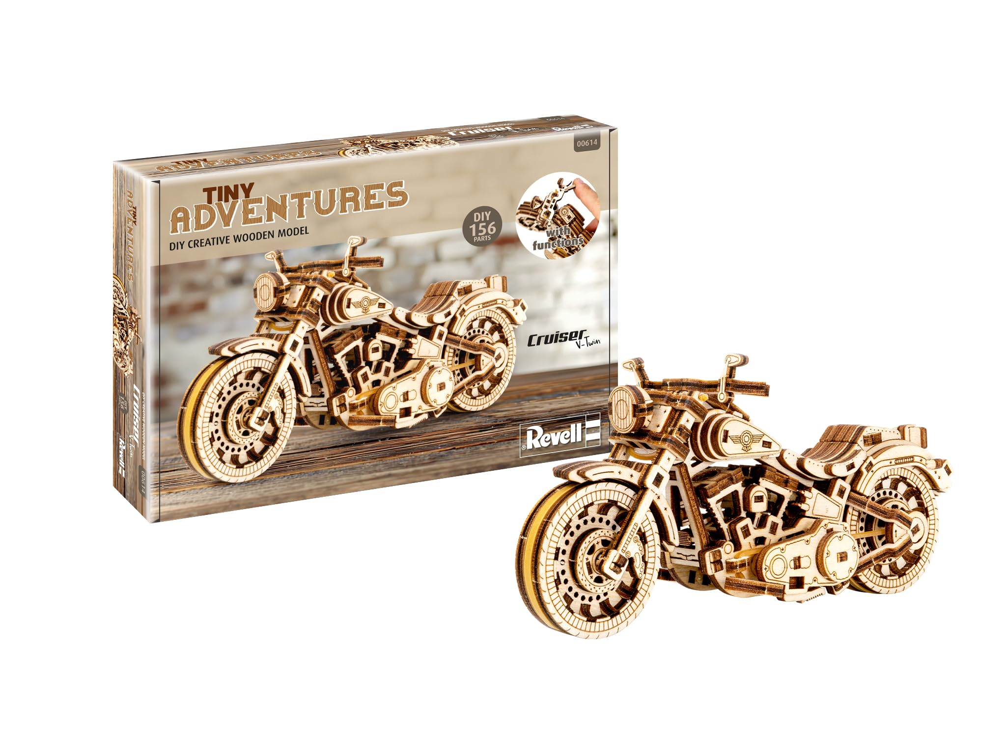 Revell Tiny Adventures Cruiser VTwin I Authentisches Motorradmodell I Rückzugsmechanismus für dynamische Bewegung I Gummibandmotor für Vorwärts und Rückwärtsfahrt I Modell aus Holz