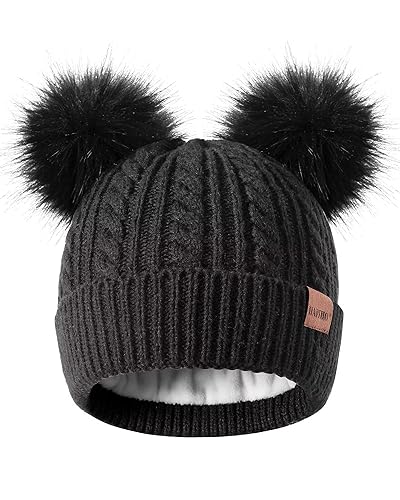 Kids Winter Beanie With Double Pom Poms Fleece Lined Knit Hat