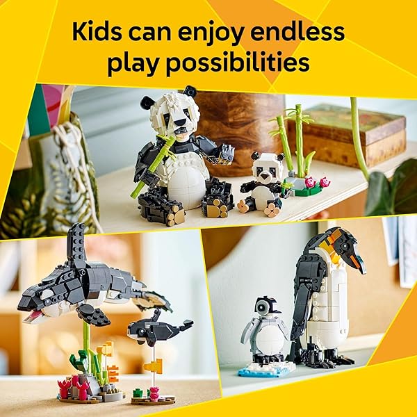 LEGO CREATOR 3 IN 1 WILD ANIMALS PANDA FAMILY – BUILDING TOY KIT FOR KIDS WITH 3 BUILDING OPTIONS, PANDA, PENGUIN, OR ORCA – 8 YEAR OLD GIRL & BOY BIRTHDAY GIFTS – 31165