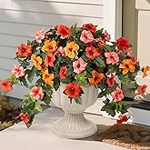 VGNQA Artificial Fake Flowers for Outdoor Spring Decoration, 2PCS Faux Silk Petunias No Fade UV Resistant Flowers for Outside Garden Porch Yard Balcony Patio Realistic Indoor Decor(Orange)