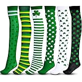 Geyoga 6 Pairs St. Patrick Day Socks for Women Irish Knee Thigh High Socks Polyester Long Thigh High Stocking Shamrock White Green Stripe Stocking for Costume Party Supplies