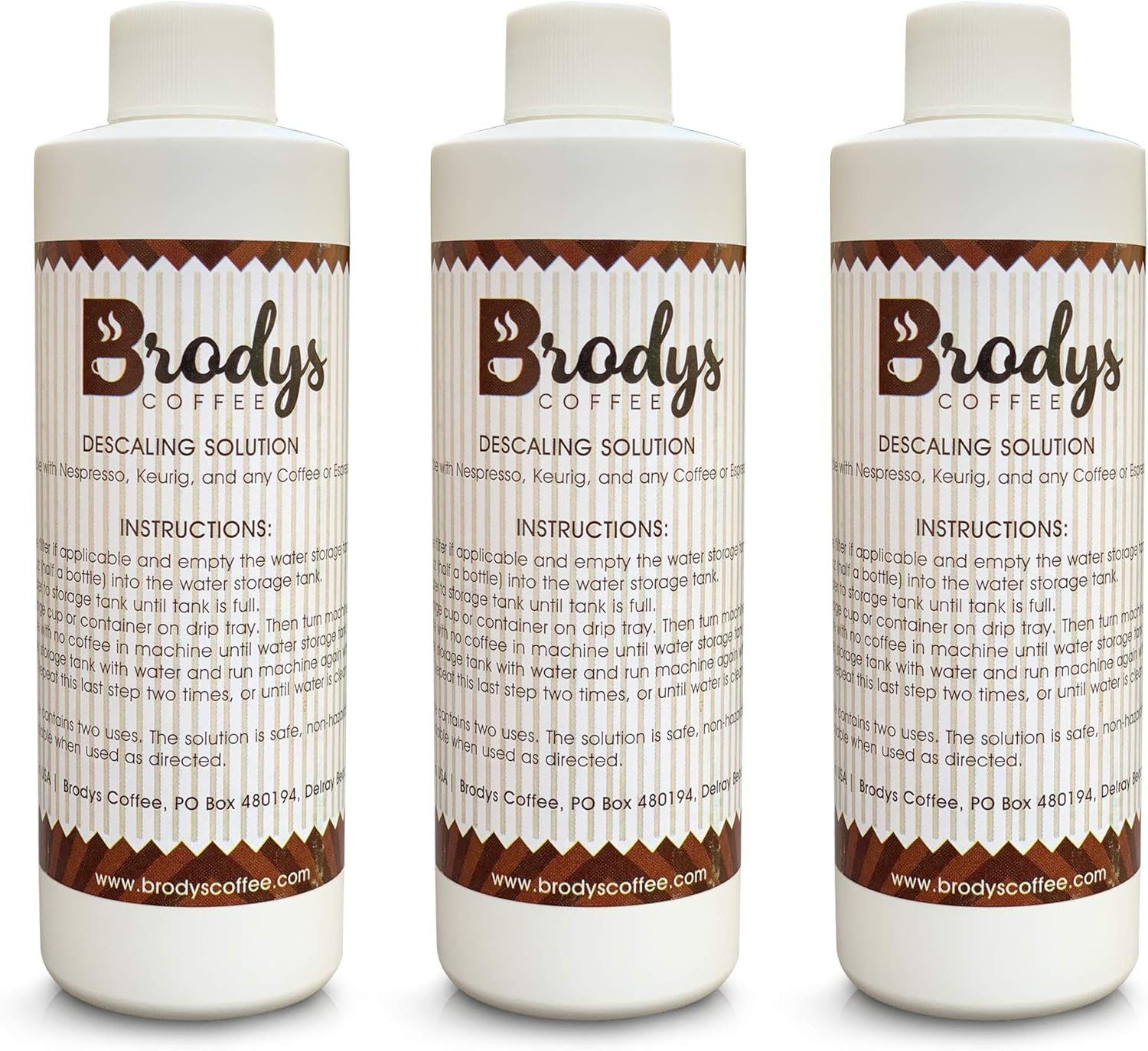 Brodys Descaler (3 Pack, 2 Uses Per Bottle) - Made in the USA - Universal Descaling Solution for Keurig, Nespresso, Delonghi