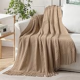 MIULEE Tan Taupe Knitted Throw Blanket for Couch Boho Textured Cozy Woven Blanket with Tassels for Sofa Chair Bed Living Room Farmhouse Home Decor Acrylic Wave Pattern 50"x60"