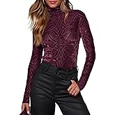 OMSJ Womens Velvet Burnout Tops Slim Fit Turtleneck Top Long Sleeve Semi See Through Elegant Shirts