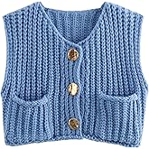 FindThy Women’s Cropped Sweater Vest Cute Crewneck Button Down Sleeveless Crop Knit Cardigan with Pocket