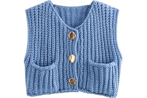 FindThy Women’s Cropped Sweater Vest Cute Crewneck Button Down Sleeveless Crop Knit Cardigan with Pocket