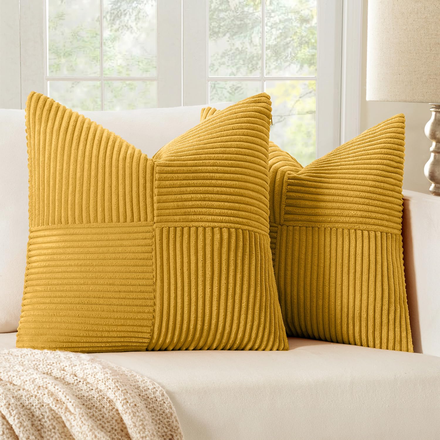 Photo 1 of MIULEE Mustard Yellow Corduroy Pillow Covers Pack of 2 Boho Decorative Spliced Throw Pillow Covers Soft Solid Couch Pillowcases Cross Patchwork Textured Covers for Living Room Bed Sofa 18x18 inch