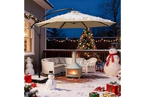 OLILAWN 10ft Patio Umbrella with Base Included, Christmas Outdoor Offset Cantilever Umbrella Upgraded Yarn-dyed Fabric Shade, Sturdy 8 Rids, Easy Tilt Adjustment, for Pool Deck Porch Backyard Garden,Beige