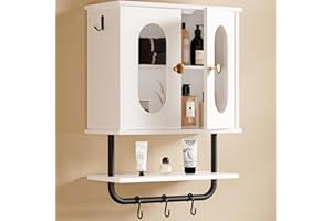 Creso hom Medicine Cabinet, Wood Bathroom Wall Cabinet with Adjustable Shelf and Hooks, Towel Bar, 3 Tier Bathroom Cabinet Wall Mount Storage Cabinets for Living Room, Bedroom, Kitchen, White