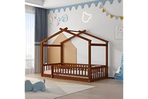 Merax Twin Size Wooden House Bed with Fence, Wood Bed Frame with Roof and Safety Guardrail for Kids, Teens, Boys or Girls, Walnut