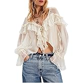 Lace Tie Front Top for Women Y2k Sexy Sheer Chiffon Long Sleeve Bowtie Blouse Flowy Boho Peplum Shirt Fall