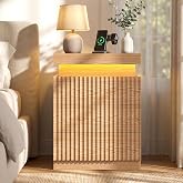 ADORNEVE Fluted Nightstand with Charging Station and LED Lights,Oak | Mid-Century Modern Night Stand with Sliding Top,Bedside Table with Drawers,Bed Side Tables Bedroom