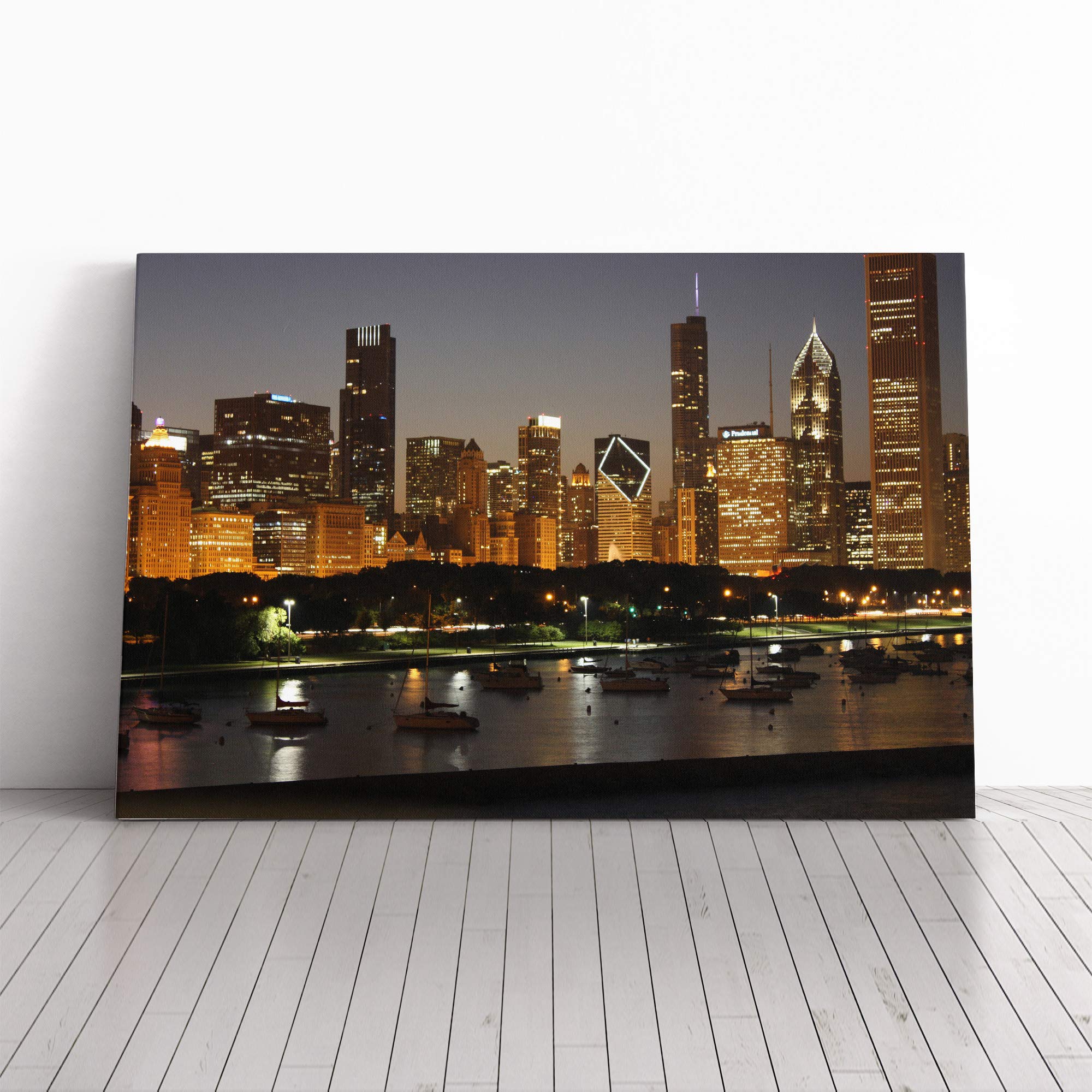 Illinois Chicago Skyline USA Canvas Print | Gallery Wrapped 30mm Frame Wall Art | 20x14 inches | Ready to Hang | Modern Cityscape Picture | Living Room Bedroom Lounge Office