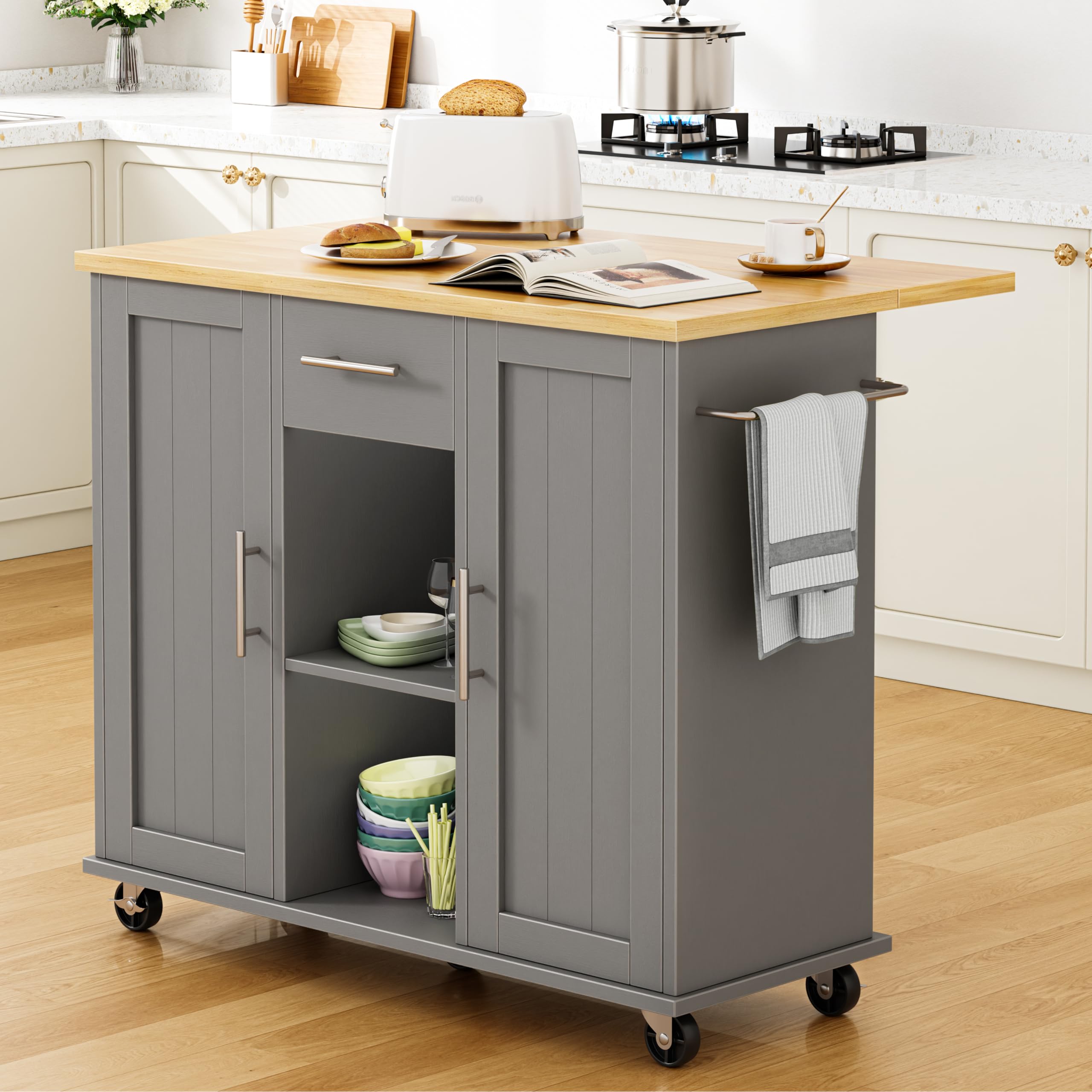 Photo 1 of *PARTS ONLY*
Shintenchi Kitchen Island with Storage, Bar Cart Cabinet Island Table on Wheels, Rolling Microwave Cart for Kitchen with Drop Leaf, Drawers, Towel Rack, Seating Area for Dining Room, Gray