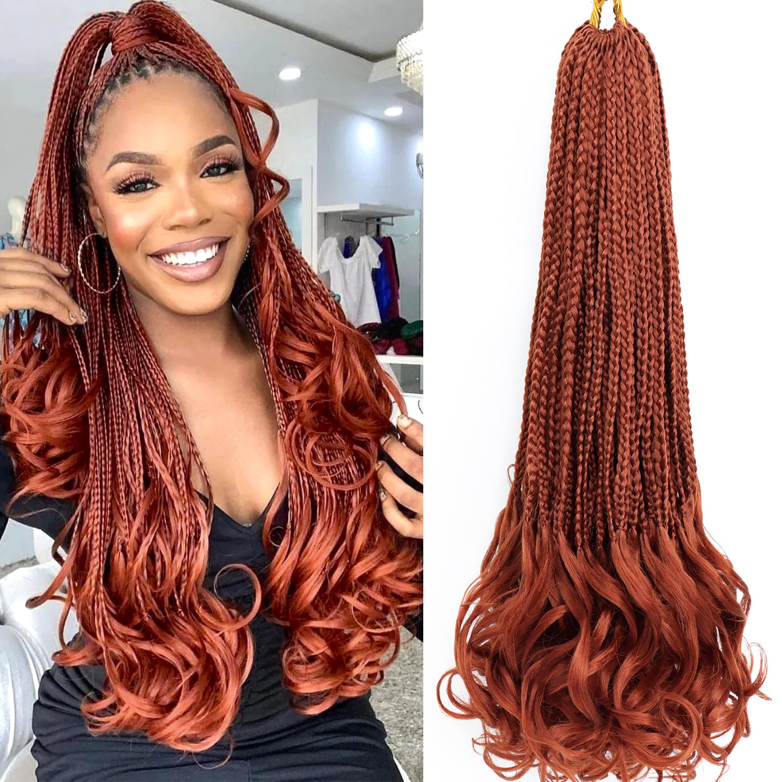 Photo 1 of French Curl Crochet Braids 22 Inch 8 Packs Goddess Box Braids Crochet Hair for Women Ginger Pre Looped Crochet Box Braids with Curly Ends Synthetic French Curly Braiding Hair Extensions (350#)